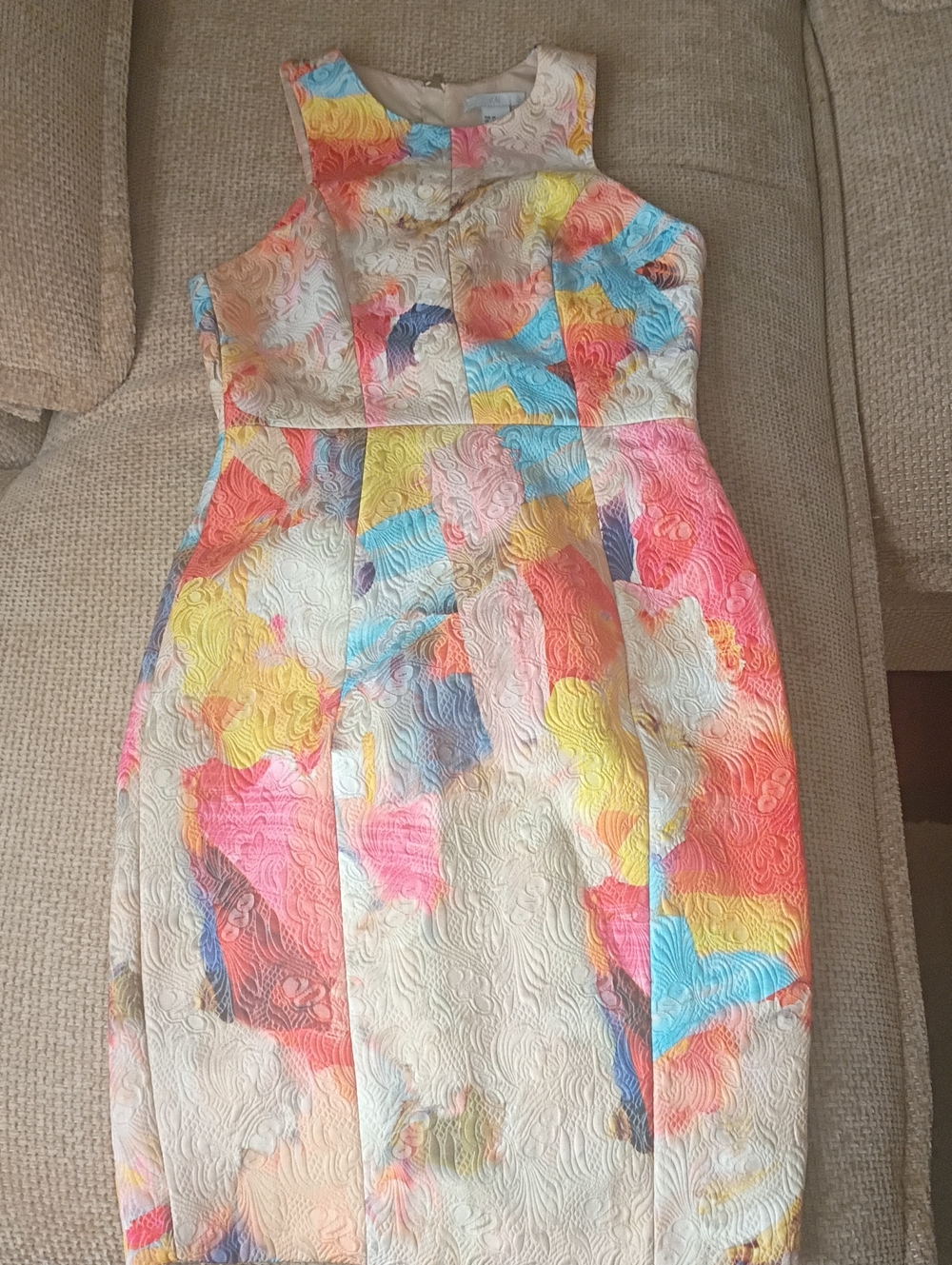 H&M Multicolor Textured Abstract Sheath Dress - Coral, Yellow & Aqua